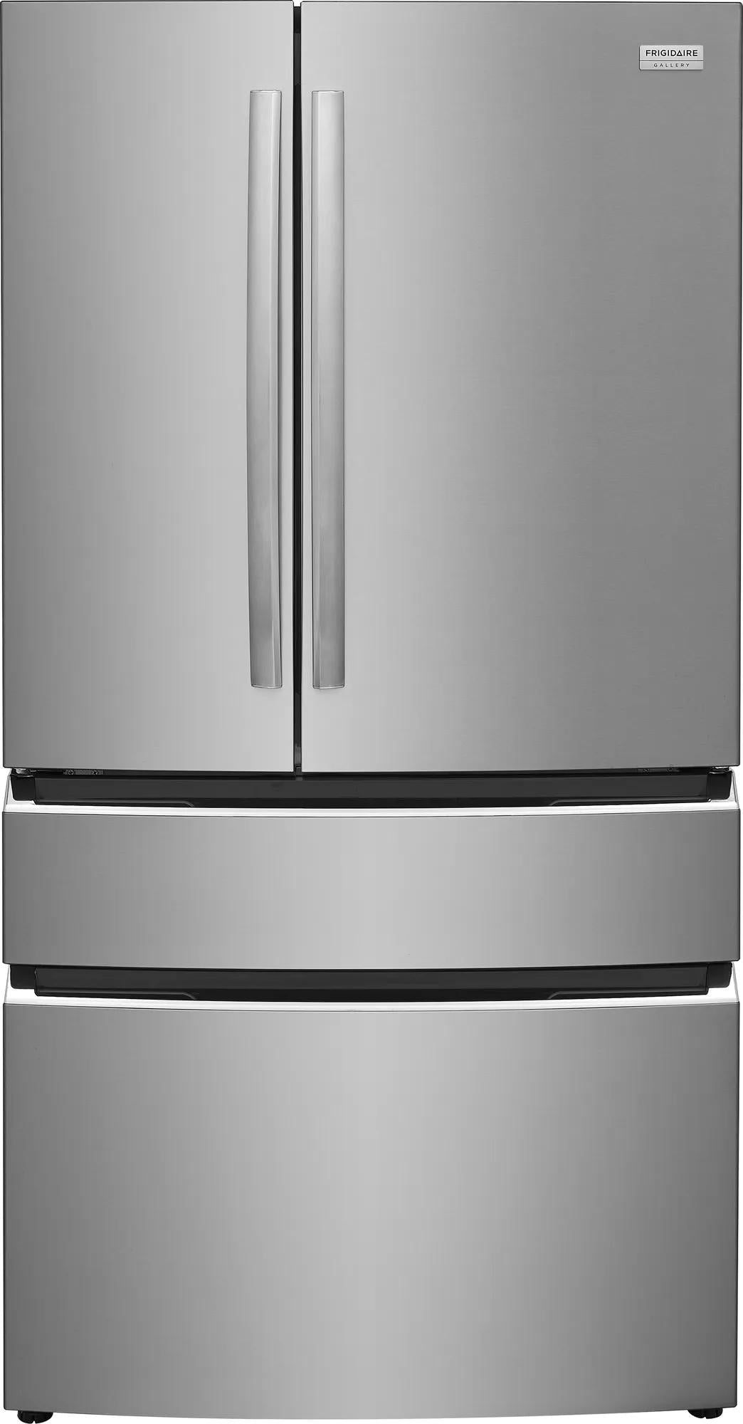 Stainless steel 4-door French door refrigerator with two lower drawers in kitchen appliances collection