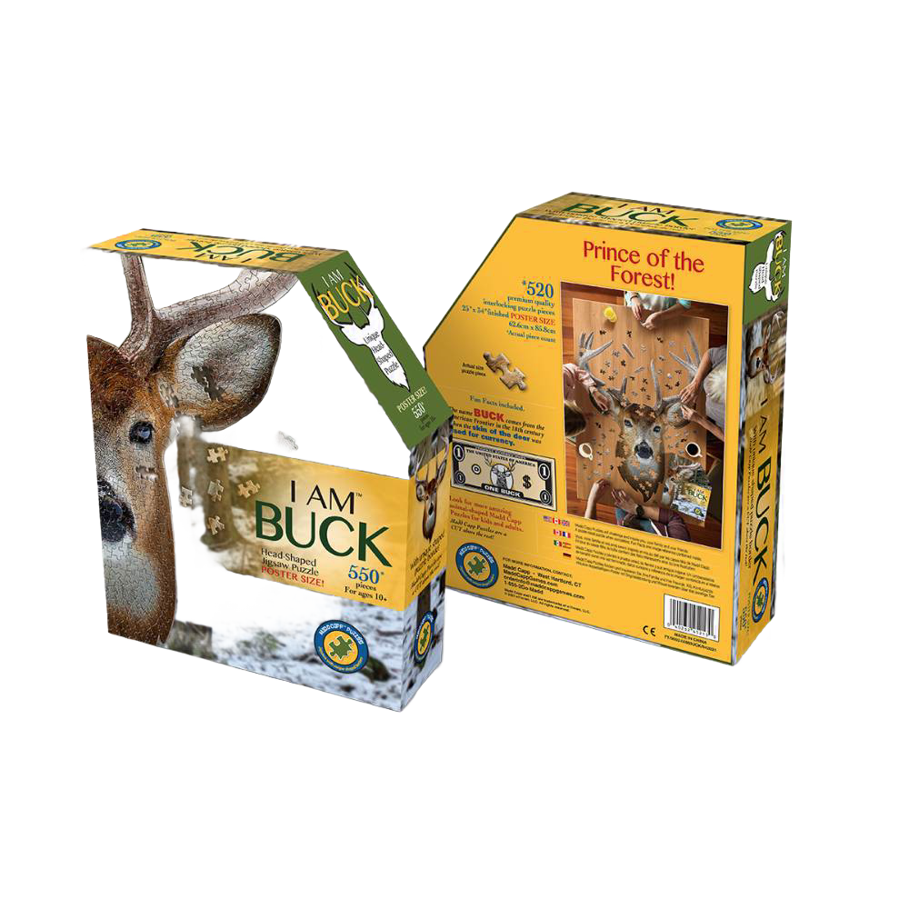 Unboxed uniquely shaped buck head puzzle with 520 pieces, displayed among Toys & Games and Puzzles collections under $50.