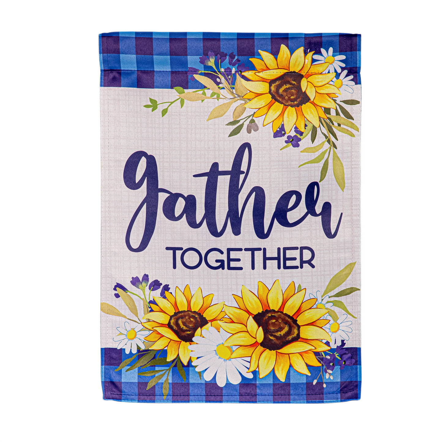 Decorative flag with sunflowers, daisies, and blue plaid border featuring "gather together" text for outdoor display