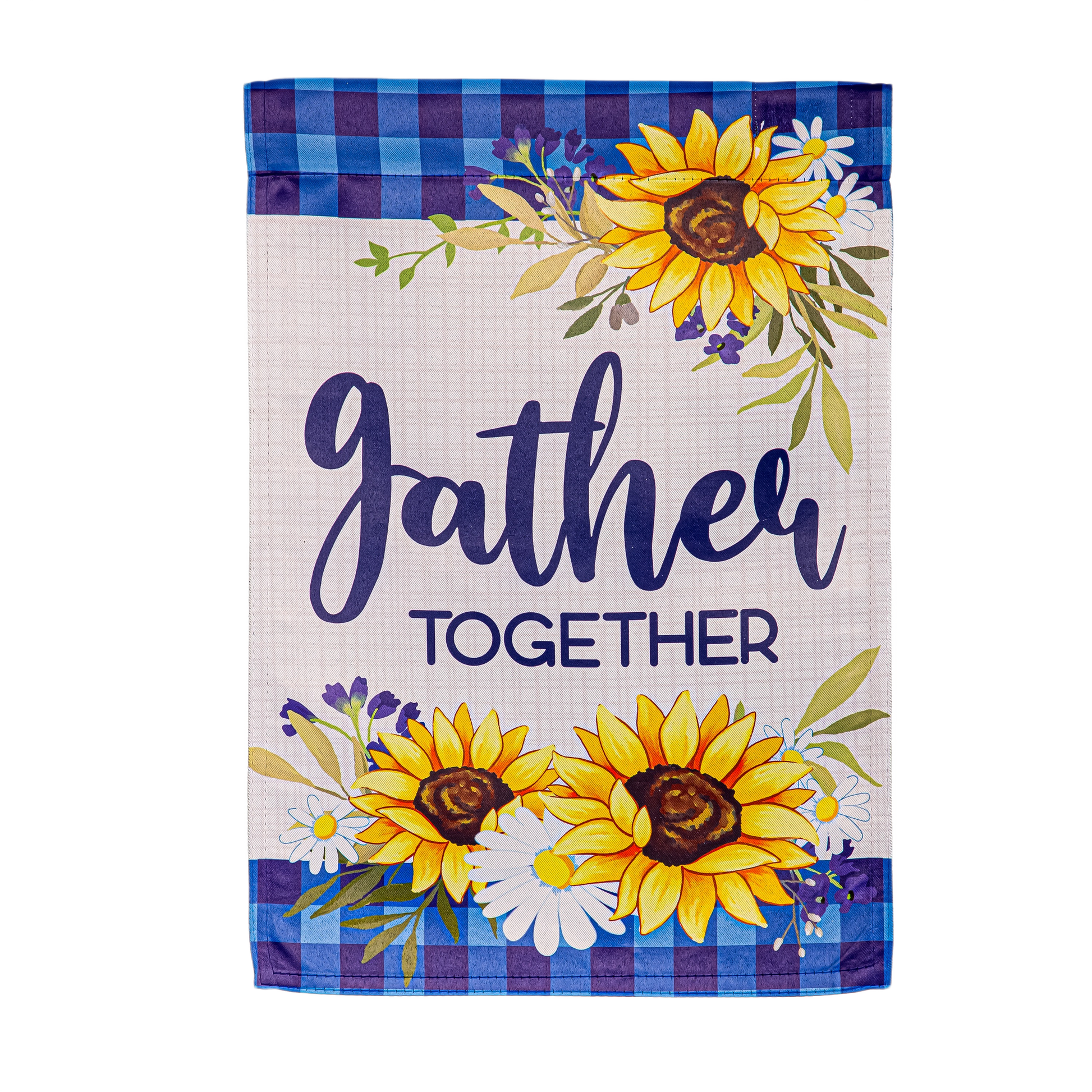 Decorative flag with sunflowers, daisies, and blue plaid border featuring "gather together" text for outdoor display