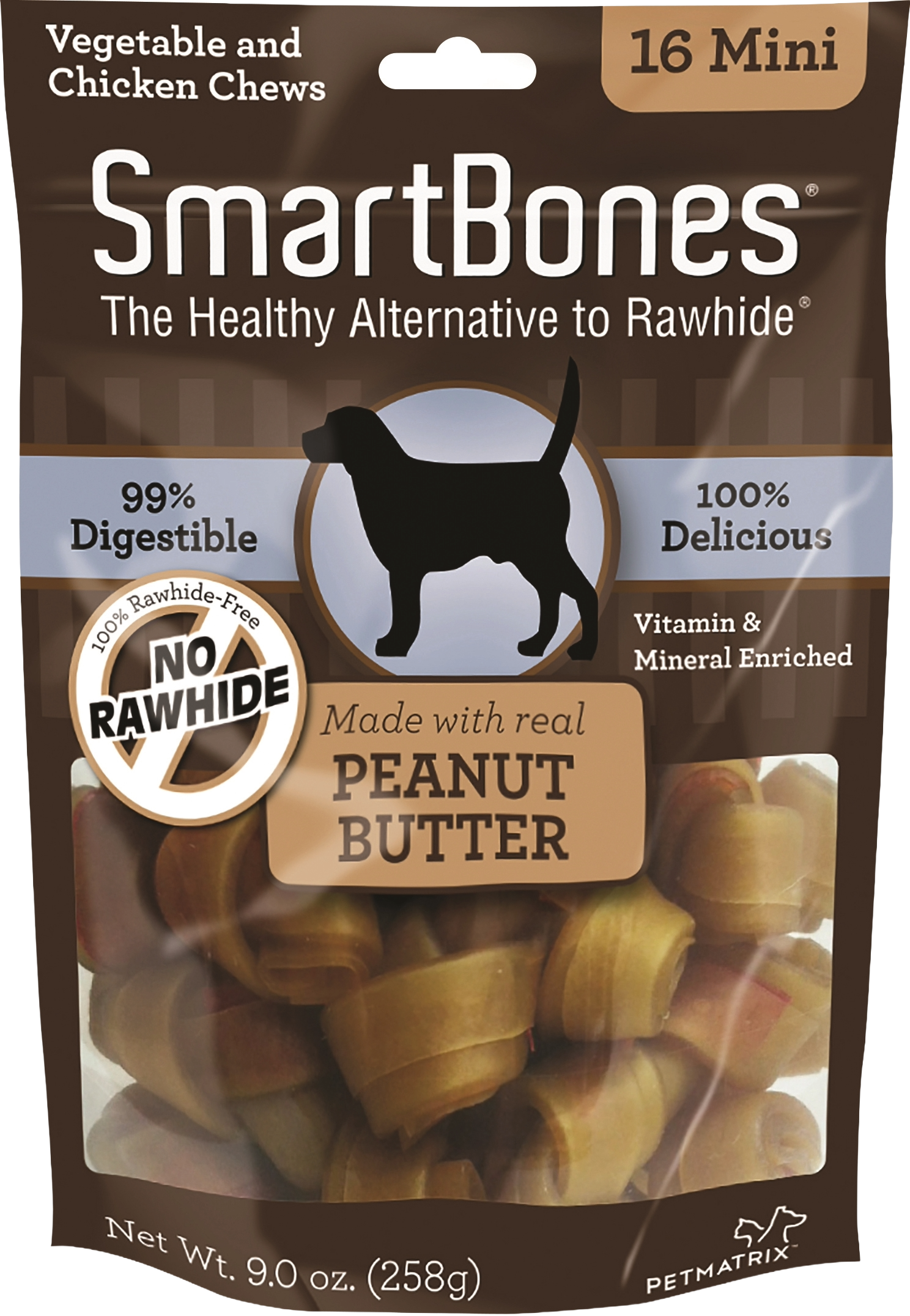 Package of SmartBones mini peanut butter dog chews with vegetable and chicken ingredients visible inside bag