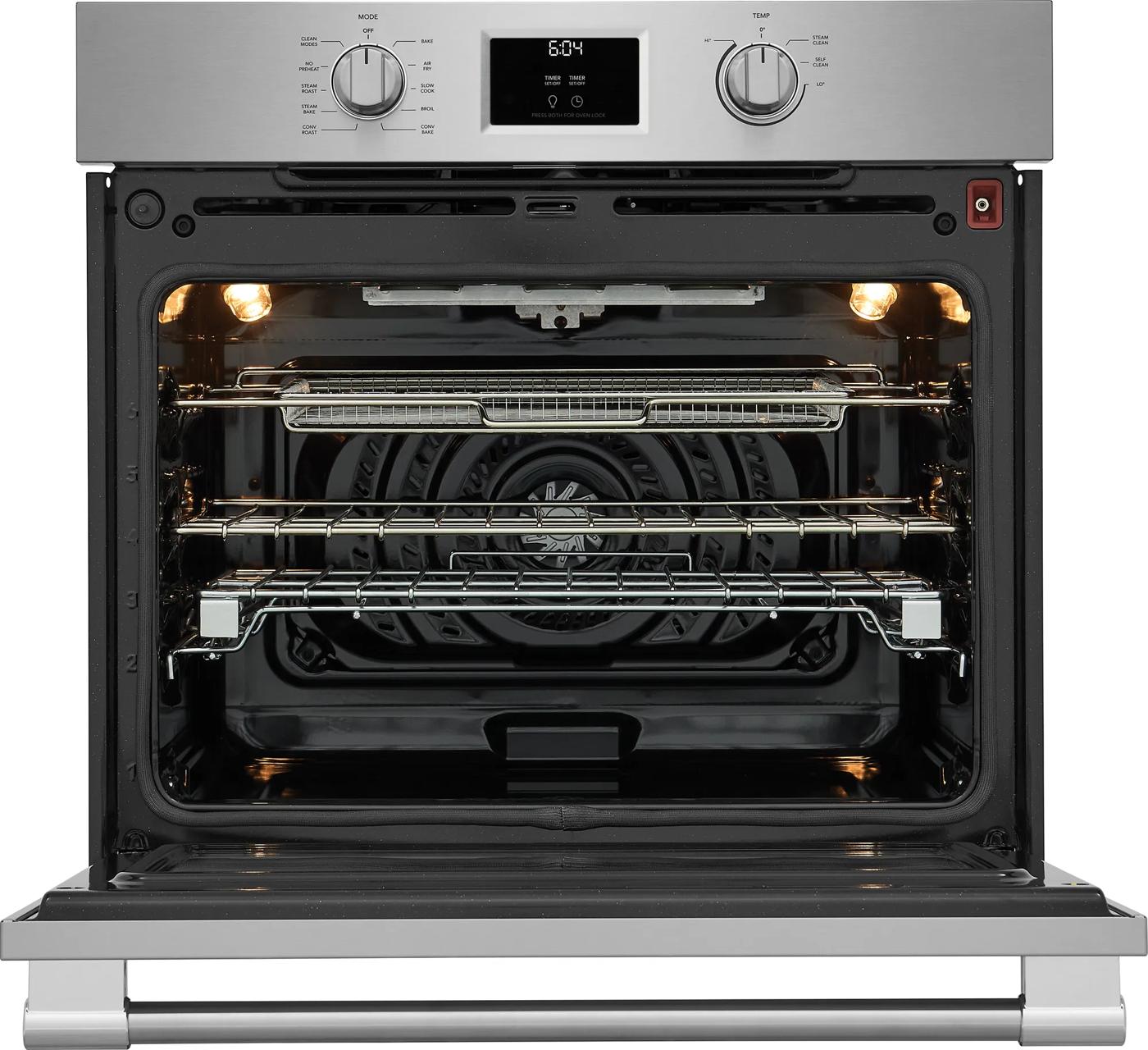 Interior view of stainless steel 30-inch single wall oven with total convection controls in Wall Ovens collection