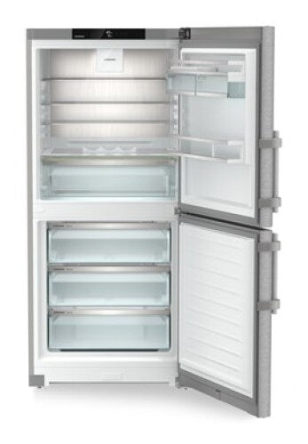 Freestanding stainless steel refrigerator with open doors showing spacious freezer drawers in kitchen appliances collection