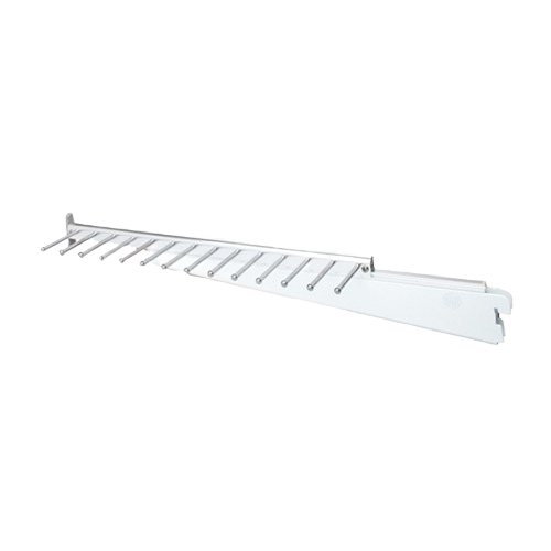 White metal tie rack with extendable arms and multiple hooks for organized closet storage and easy access