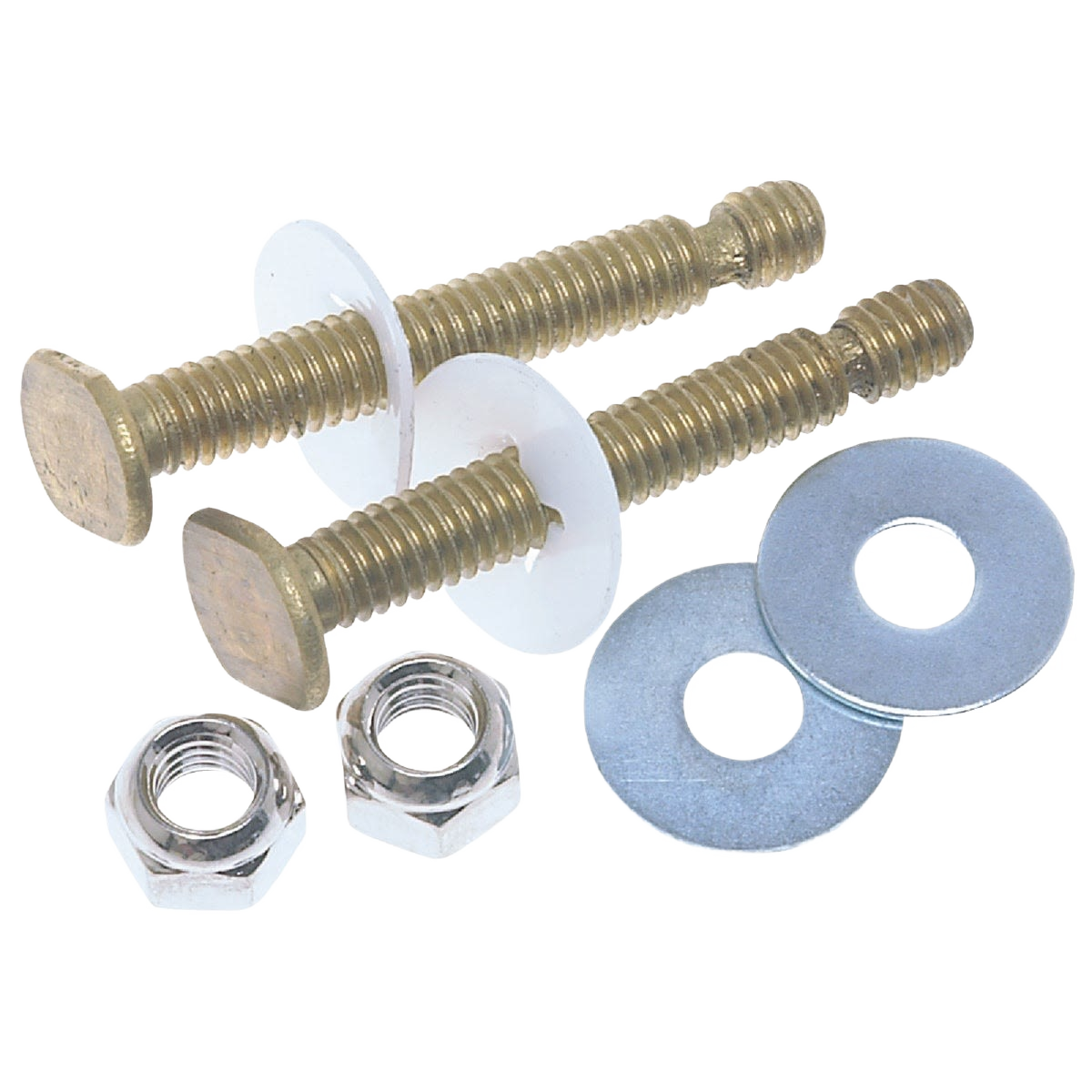 Set of brass-finish toilet bowl bolts with plastic discs, hex nuts, and metal washers for plumbing repair projects under $50