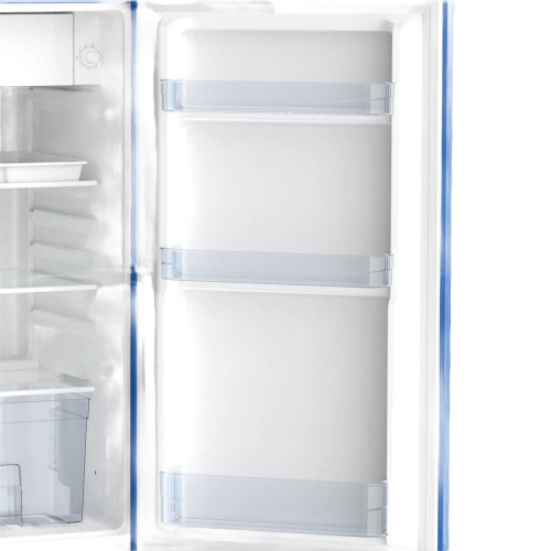 Retro-style compact refrigerator door open showing three clear storage bins and adjustable interior shelving in appliances collection