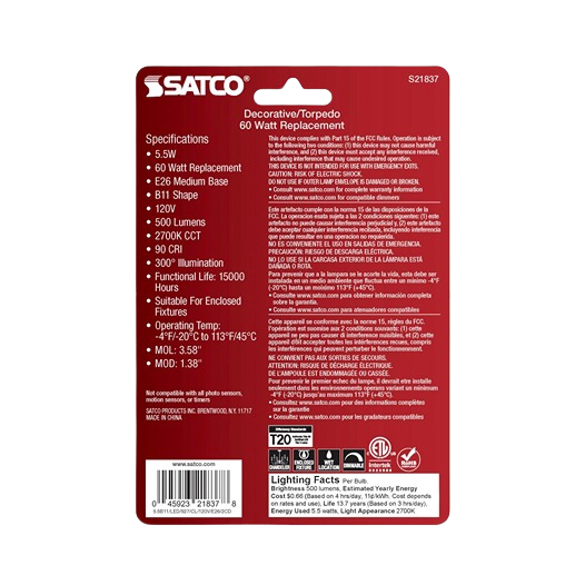 Packaging of Satco 5.5 watt LED bulb 2-pack with medium base details for lighting and electrical use