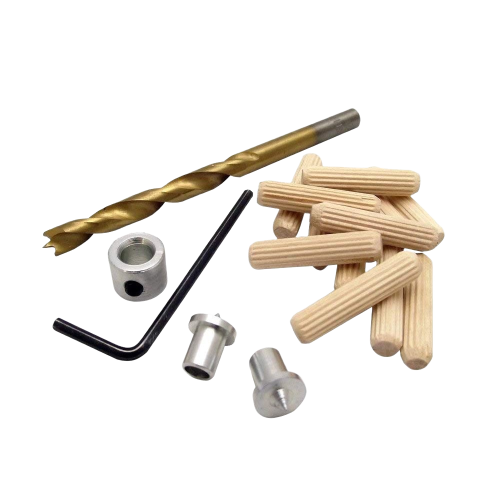 Wooden dowels with silver metal drill guide, drill bit, and hex key for precision woodworking and home improvement tasks
