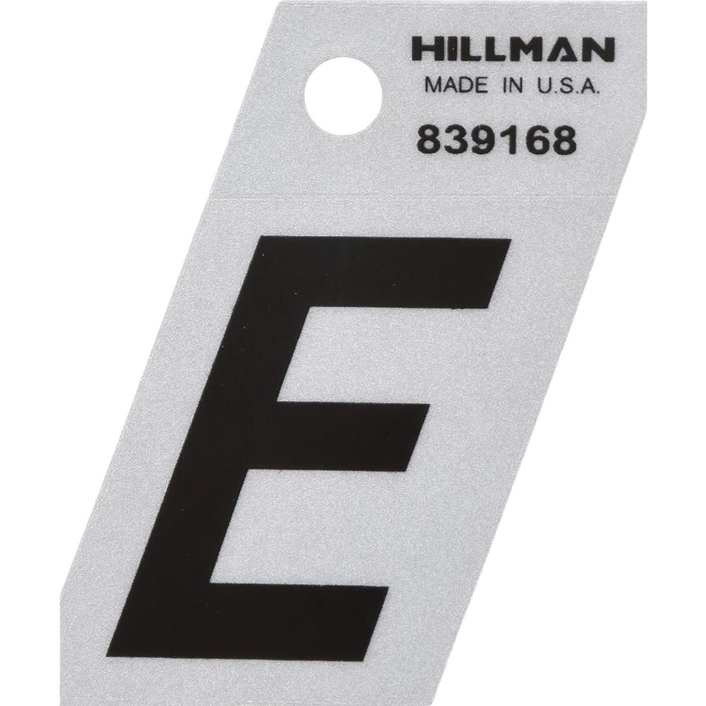 Black reflective letter E sticker with silver Mylar backing for tools and home improvement projects