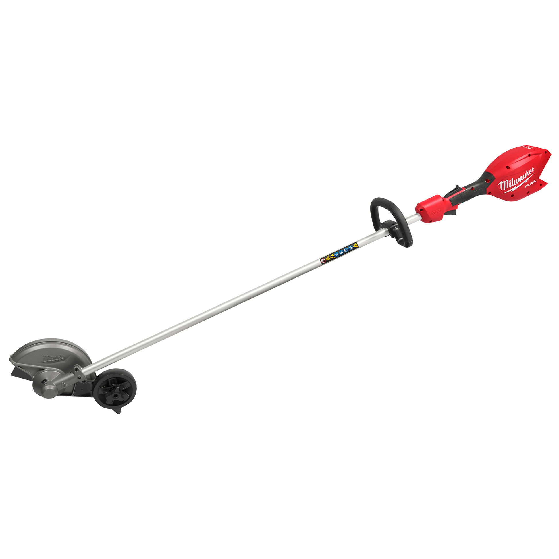 Red and silver cordless outdoor edger with ergonomic handle and blade guard for lawn and garden maintenance tools