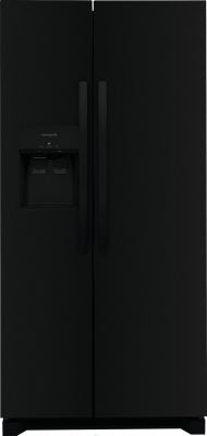 33-inch standard depth side-by-side refrigerator with black finish, water dispenser, and recessed handles in kitchen appliances collection