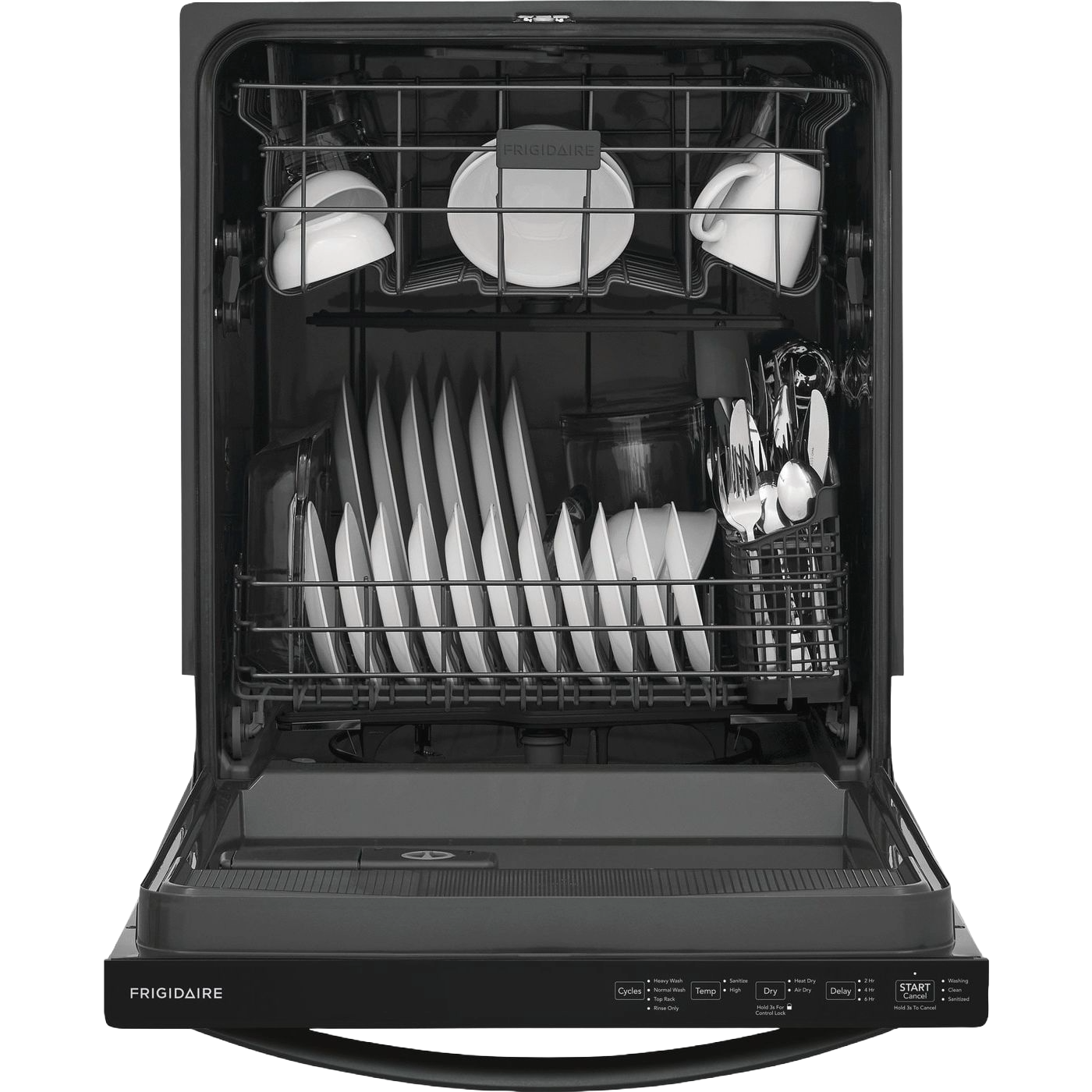 Open black built-in dishwasher loaded with plates, cups, and silverware in kitchen appliance setting