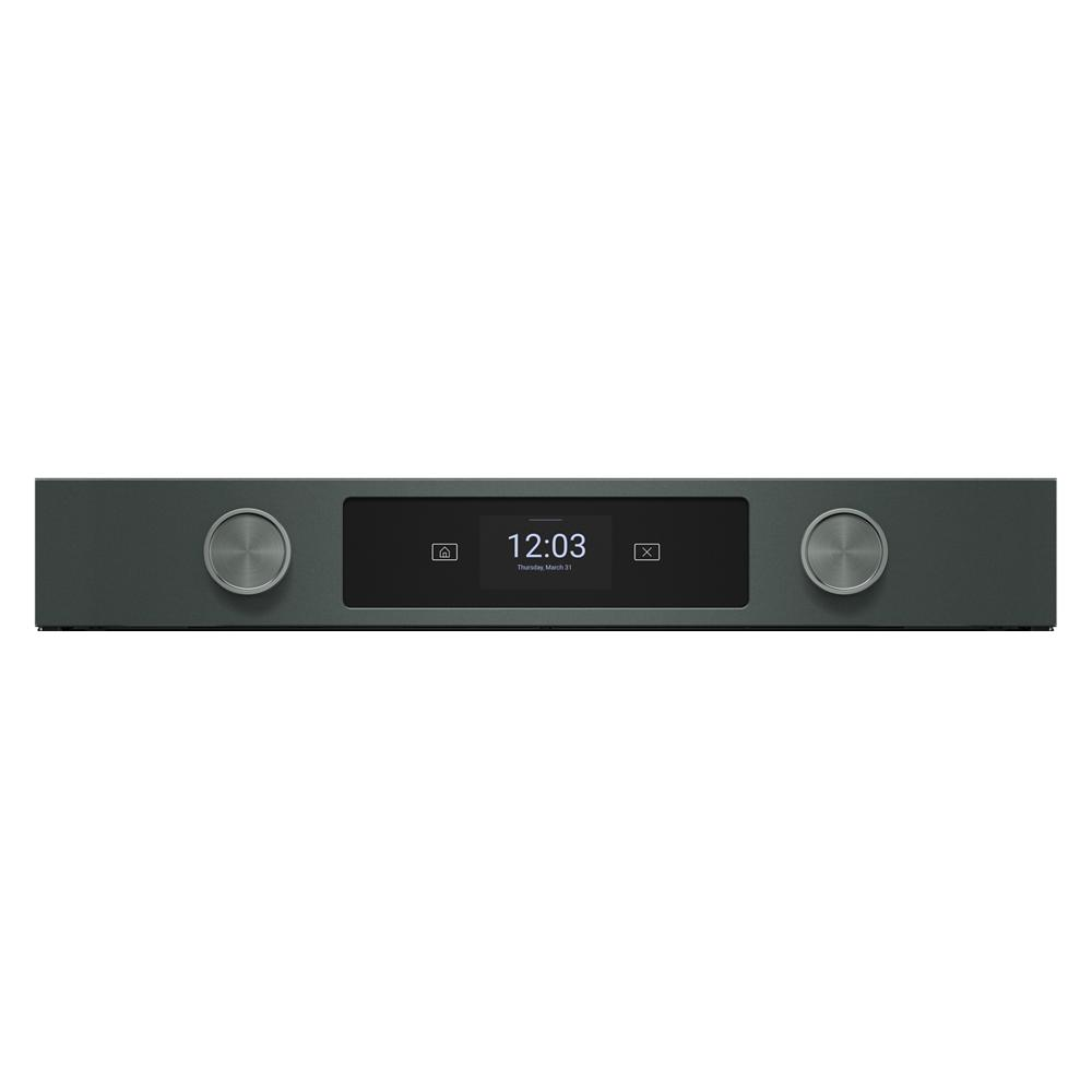 Control panel of a Juniper finish smart electric combo wall oven with LED display and stainless steel knobs for appliances