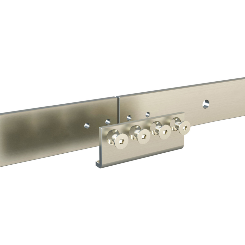 Satin nickel steel barn door hardware adapter with multiple screws for connecting wider door tracks in home improvement collections