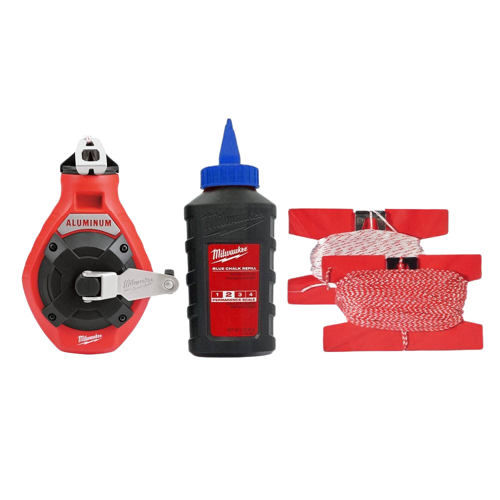 Aluminum chalk reel, red and white chalk line strings, and blue chalk refill bottle for measuring and woodworking tools