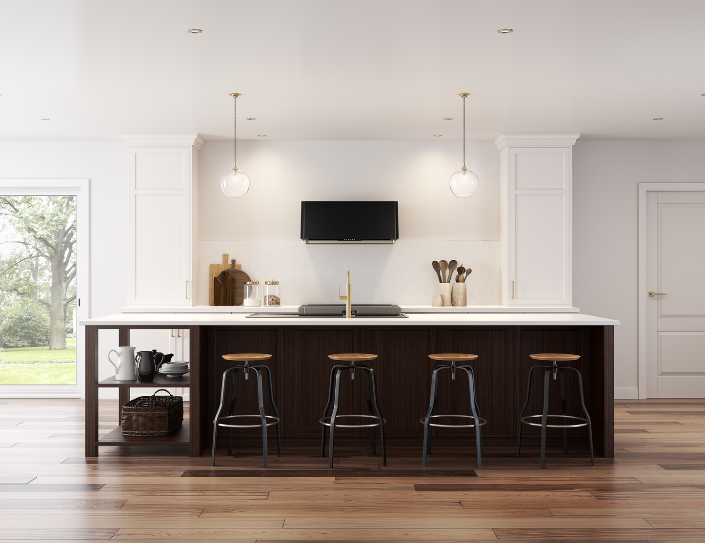 Modern kitchen with a dark wood island, four stools, white countertop, and a black wall-mounted range hood above cooktop