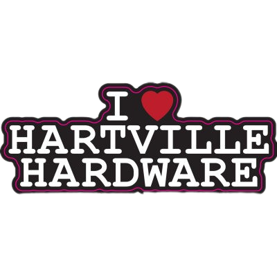 Black and white sticker with red heart symbol expressing love for Hartville Hardware brand and home improvement tools