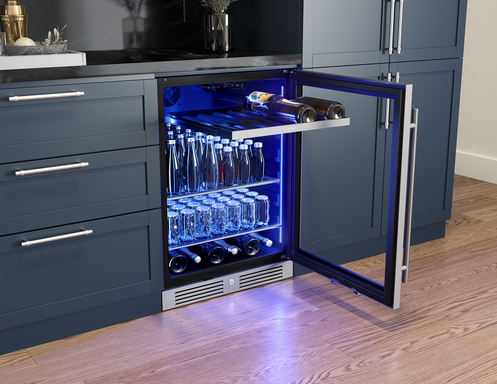 built-in beverage center with blue LED lighting, glass door, wood rack, and retractable shelf in kitchen appliances collection