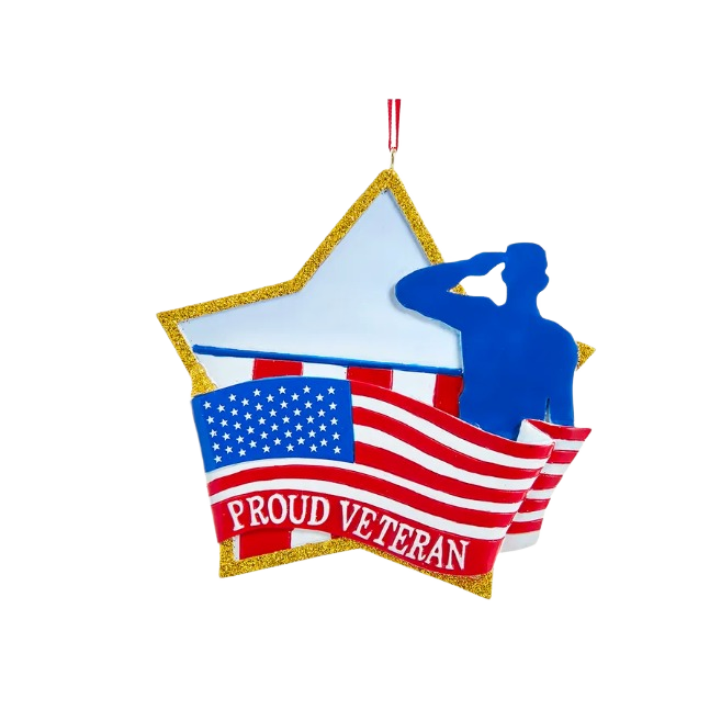 Star-shaped Christmas ornament with glitter trim, American flag, and soldier silhouette, part of holiday decorations under $50.