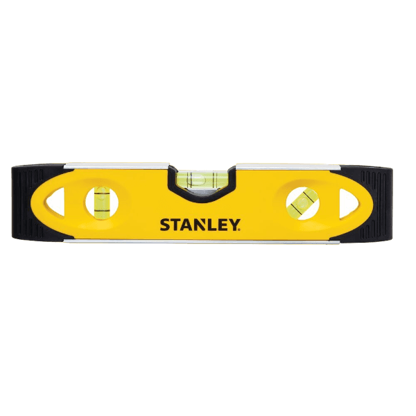 Yellow and black torpedo level with three bubble vials for precise measuring in woodworking and home improvement tools collections