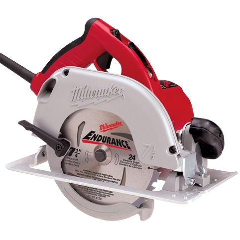 Milwaukee circular saw with cushioned red handle, silver blade guard, and 7-1/4" Endurance cutting blade, part of Power Tools rental at Hartville Hardware for home improvement and woodworking tasks.