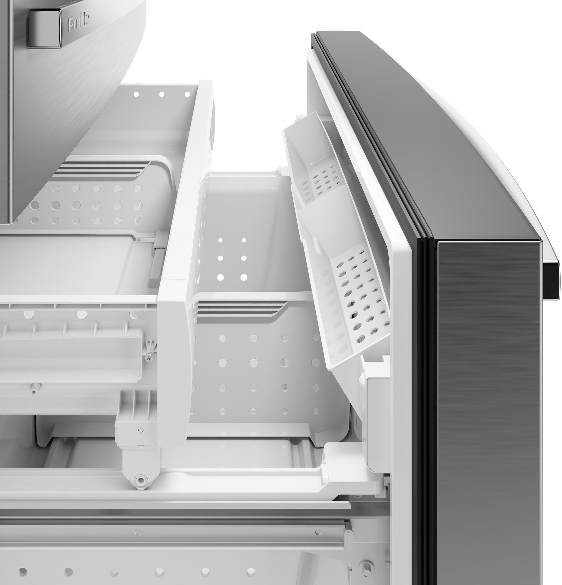 Open bottom freezer compartment with removable bins and sliding racks in fingerprint resistant stainless steel refrigerator