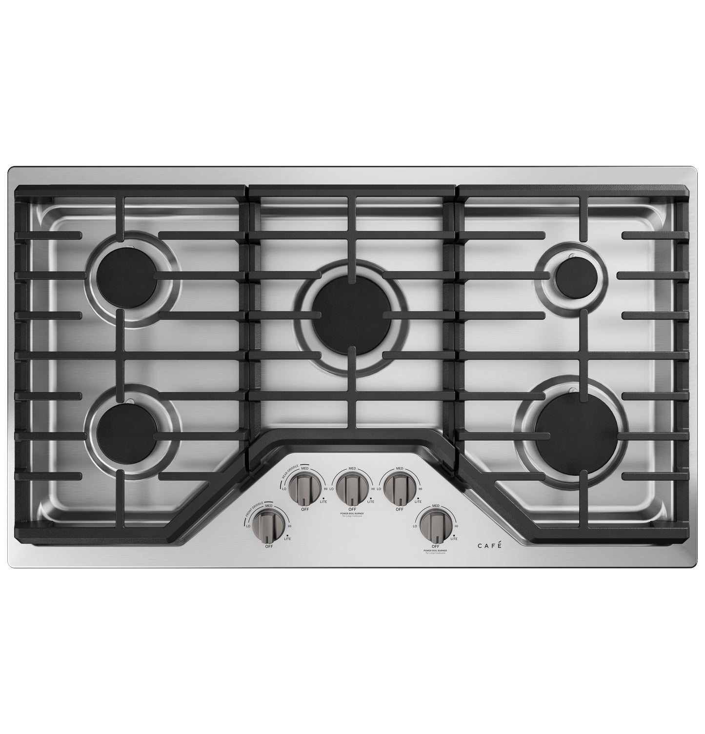 Stainless steel 36-inch gas cooktop with five burners and front-facing control knobs for modern kitchen and home improvement collections