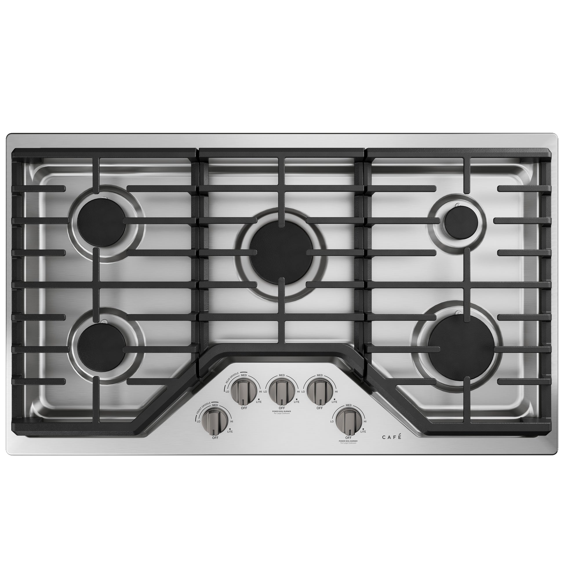 Stainless steel 36-inch gas cooktop with five burners and front-facing control knobs for modern kitchen and home improvement collections