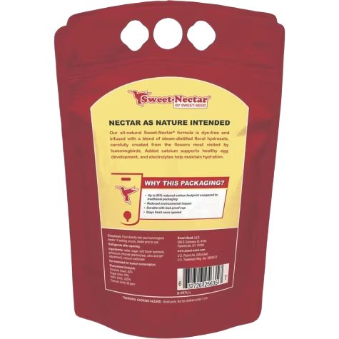 Red refill pouch of Sweet-Seed nectar with natural formula and easy pour spout for hummingbird feeding