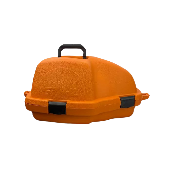 Orange hard plastic carrying case with secure black latches and handle for chainsaw storage and transport in power tool accessories