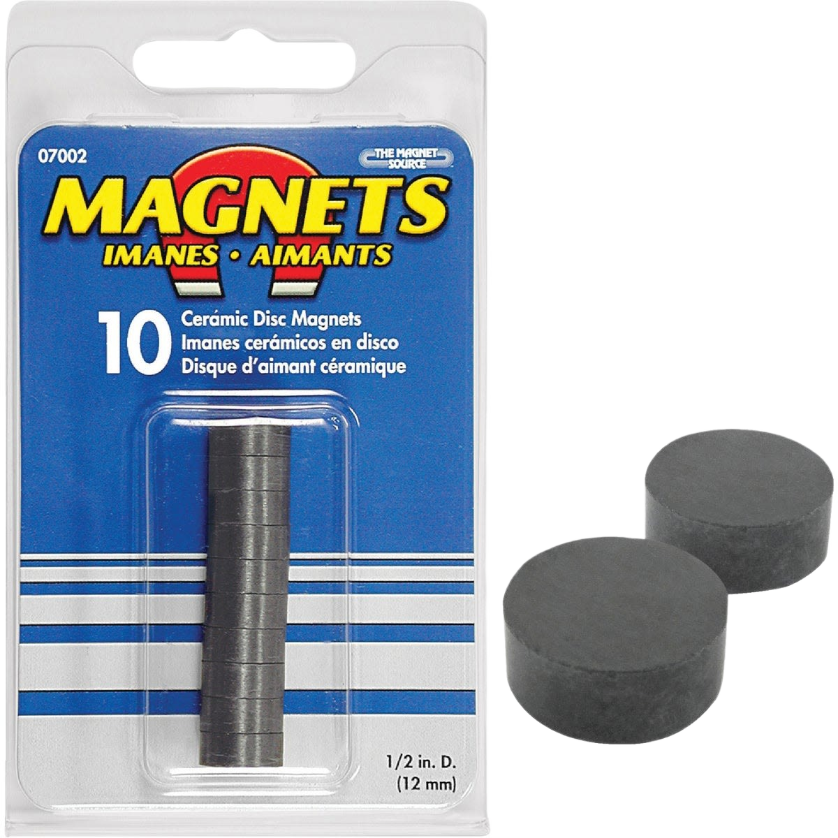 Pack of ten ceramic disc magnets 12mm diameter for hardware and office use with magnetic holding strength