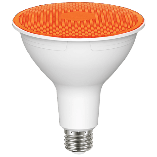 Amber-tinted LED flood light bulb with standard screw base designed for home improvement lighting projects