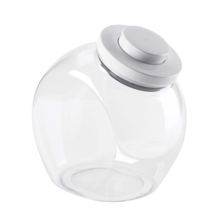 Clear round airtight storage jar with a push-button lid for countertop organization and kitchenware storage under $50 collections