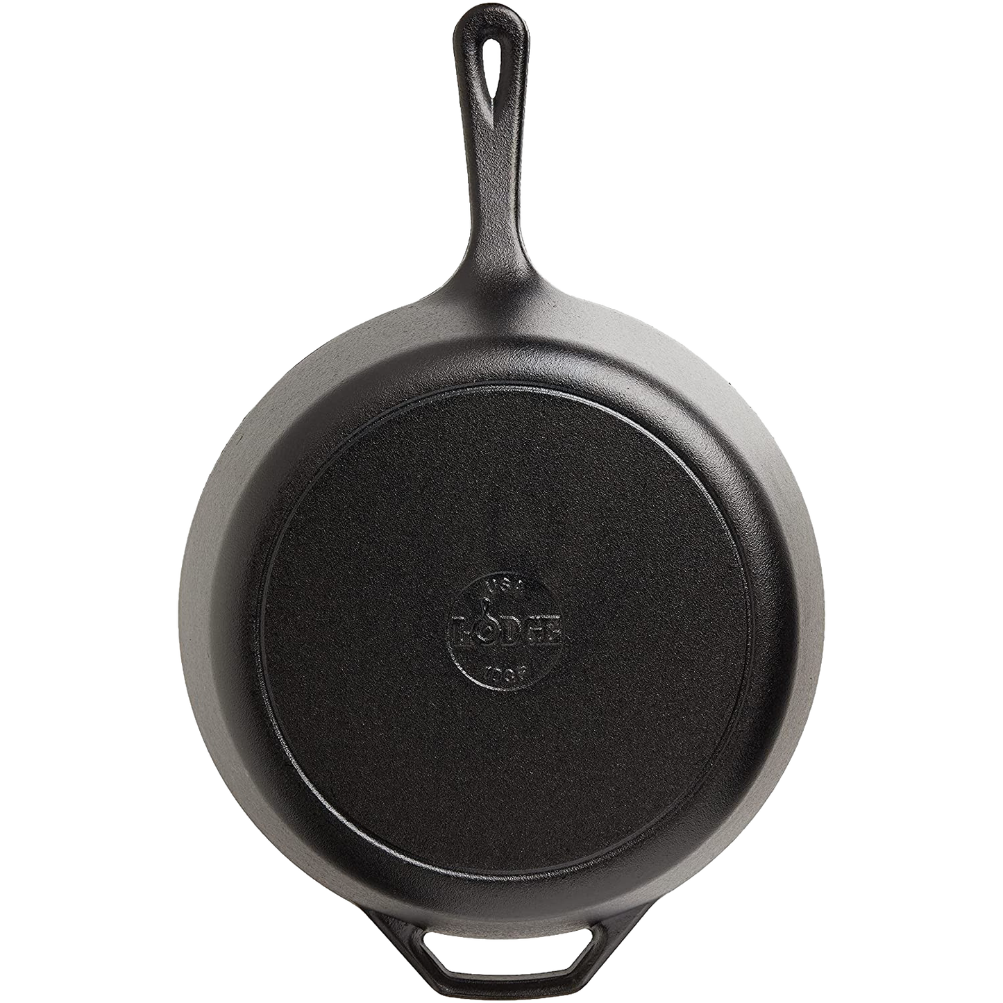 Top view of black cast iron skillet with built-in helper handle in Kitchenware and Lodge Cast Iron collections