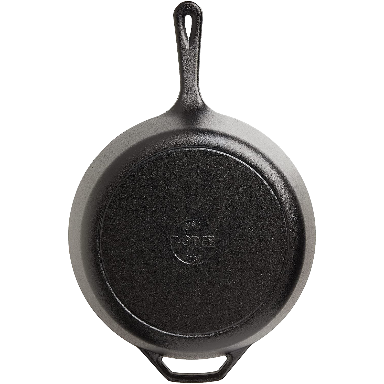 Top view of black cast iron skillet with built-in helper handle in Kitchenware and Lodge Cast Iron collections