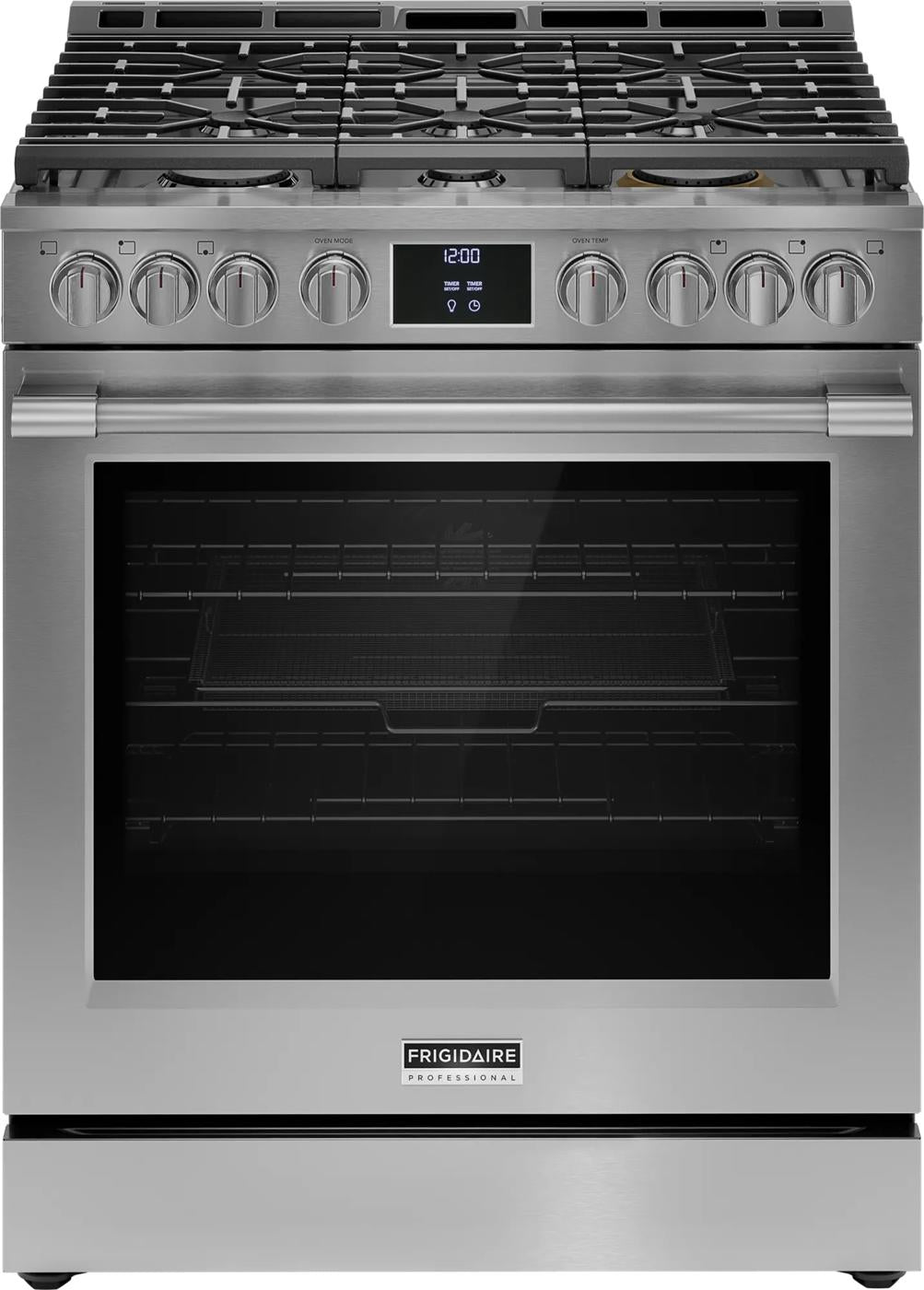 Front view of stainless steel 30" gas range with digital display and six control knobs in Ranges and Kitchen & Kitchenware collections