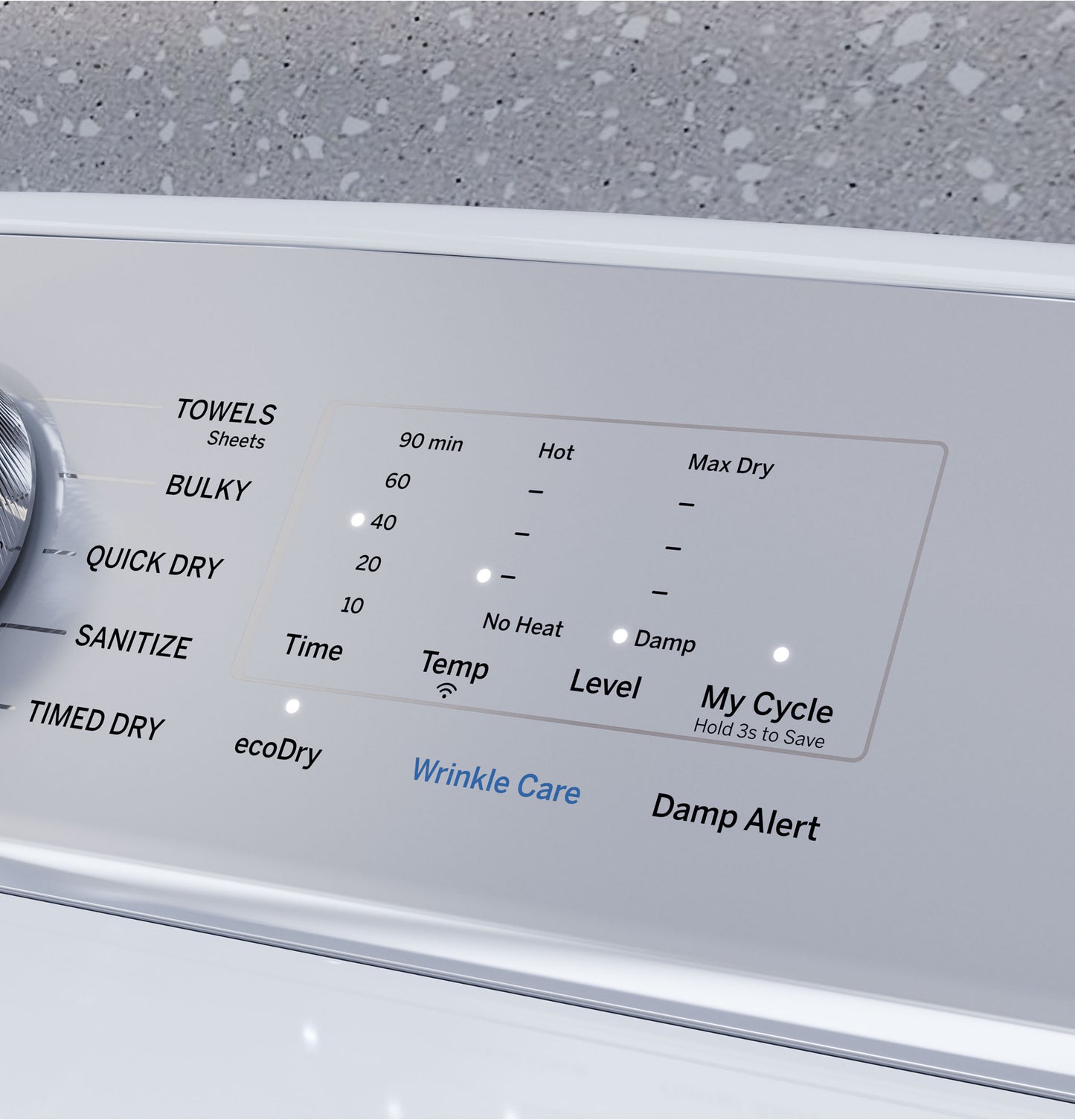 Close-up of white electric dryer control panel showing cycle options like sanitize, quick dry, and wrinkle care in appliances collection