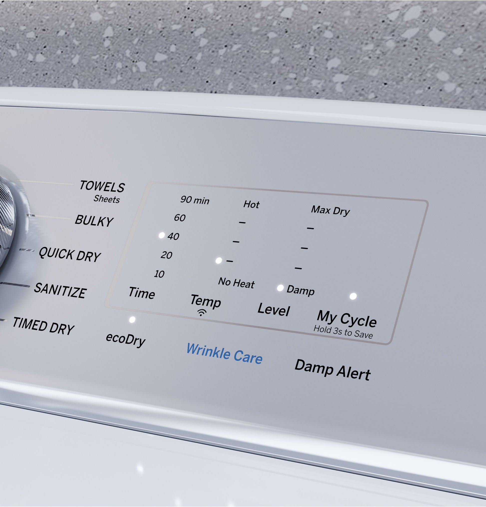 Close-up of white electric dryer control panel showing cycle options like sanitize, quick dry, and wrinkle care in appliances collection