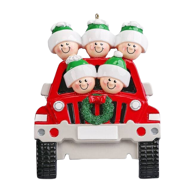 Red SUV ornament with five smiling figures wearing festive hats for Christmas Ornaments & Tree Decorations collection