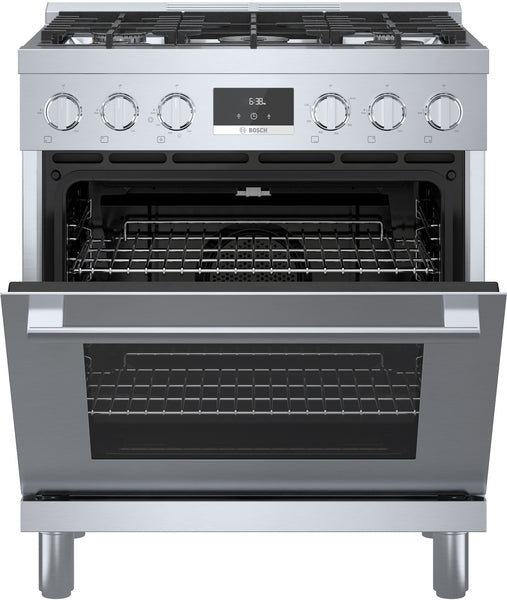 Stainless steel 30-inch gas range with open oven, control knobs, digital display, and porcelain-enameled cooking surface
