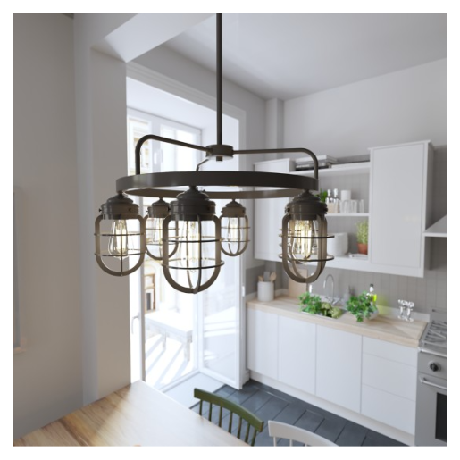 Six-light bronze chandelier with industrial-style caged shades over kitchen dining area in farmhouse decor