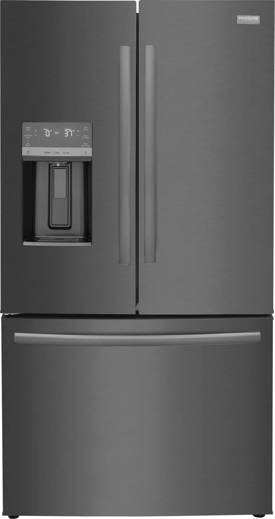 Counter-depth French door refrigerator with sleek black stainless steel finish and built-in water dispenser in kitchen appliance collections