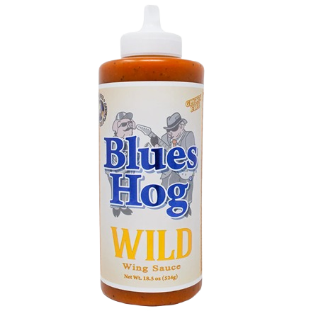 Plastic squeeze bottle of Blues Hog Wild wing sauce with white flip-top cap for cooking and grilling use