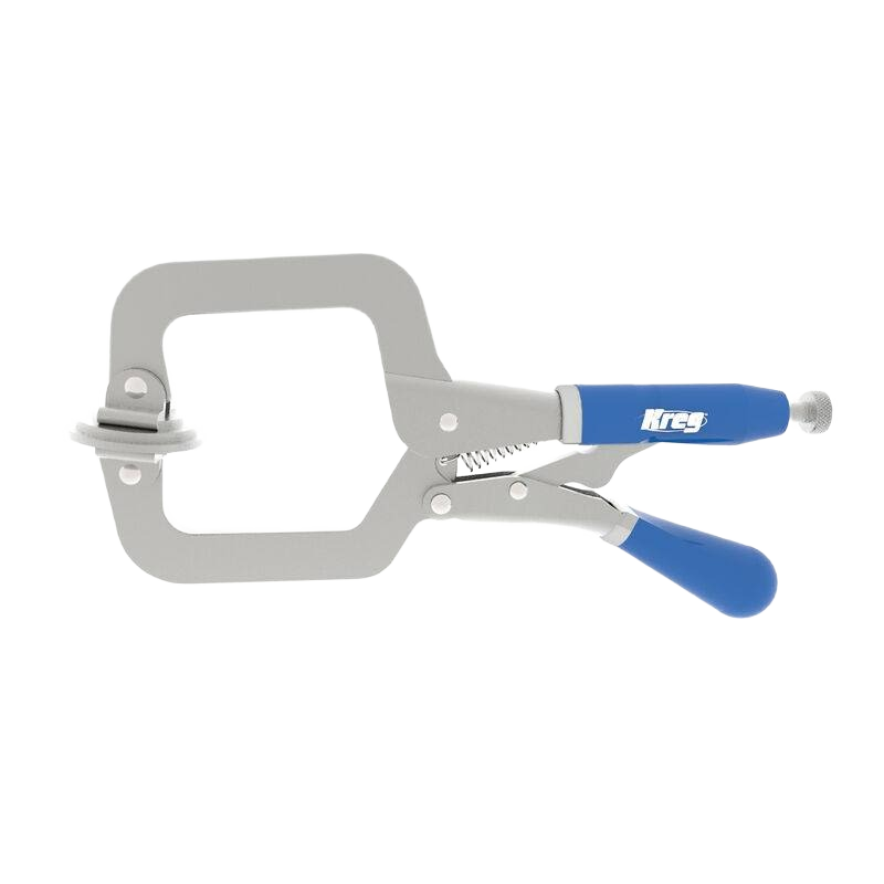 Gray metal face clamp with blue ergonomic handles for woodworking and home improvement tasks