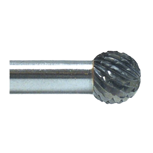 Close-up of a metal ball-shaped carbide rotary tool bit for precision grinding in power tool accessories.