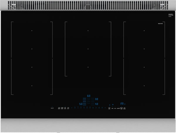 Black induction cooktop with digital touch controls and five cooking zones in modern kitchen appliances collection