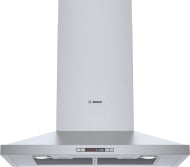 Stainless steel wall hood from Bosch with LED lighting and sleek control panel, part of kitchen range hoods collection.