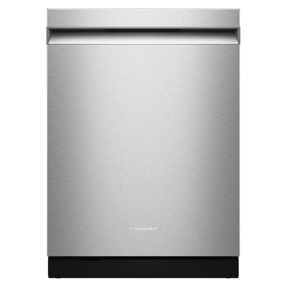 Front view of stainless steel KitchenAid dishwasher with top control panel in Appliances and Kitchenware collections