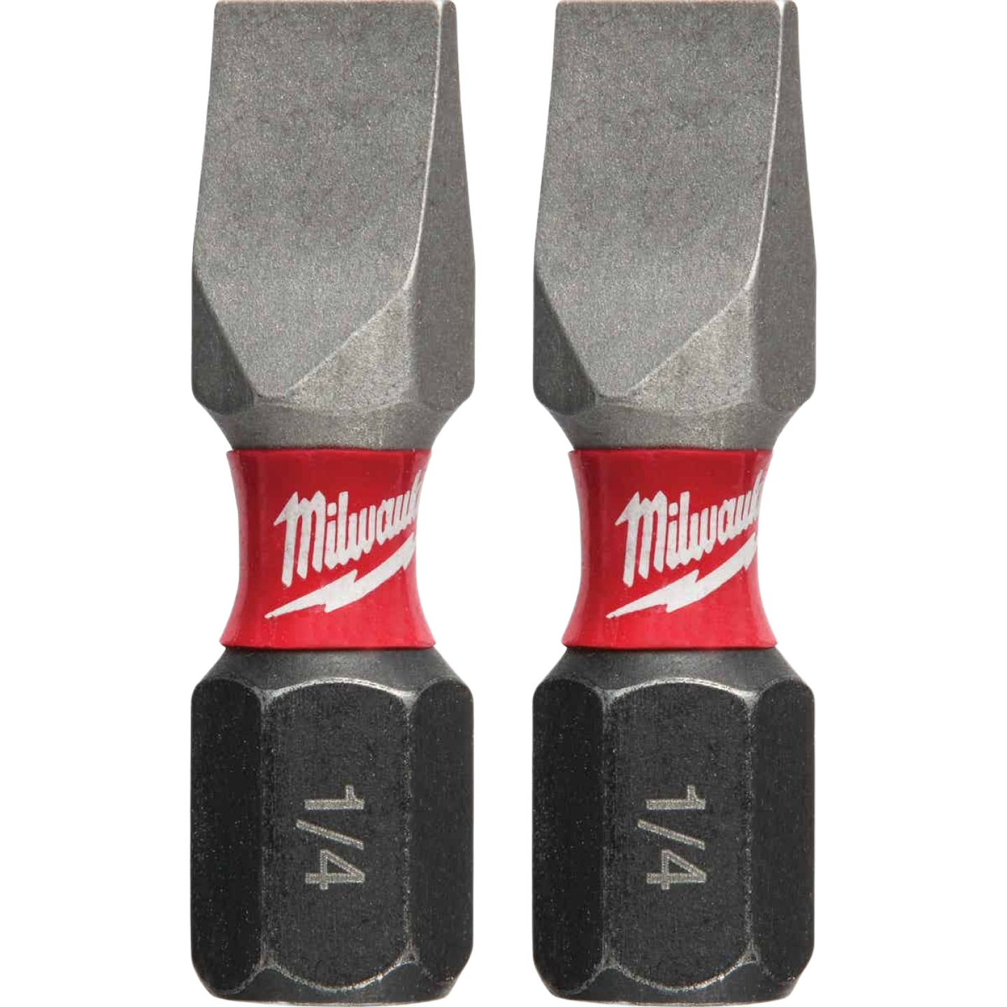 Two 1-inch #10 slotted impact duty drill bits with red Milwaukee logo, designed for power tool accessories.
