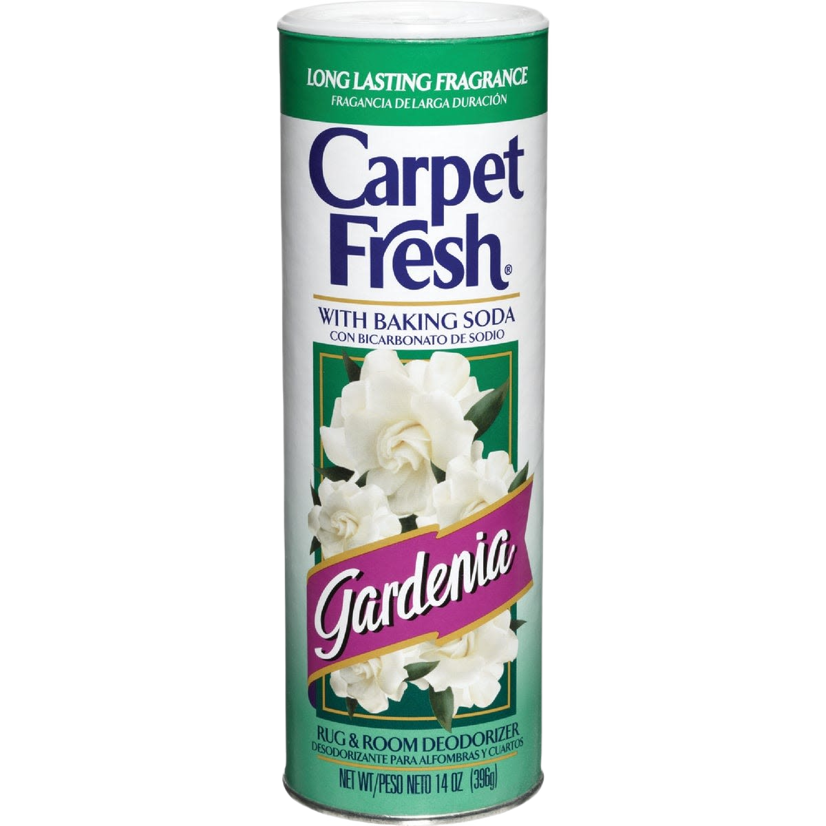 Tall can of Carpet Fresh gardenia scent with baking soda for odor removal in floor care and cleaning collections under $50